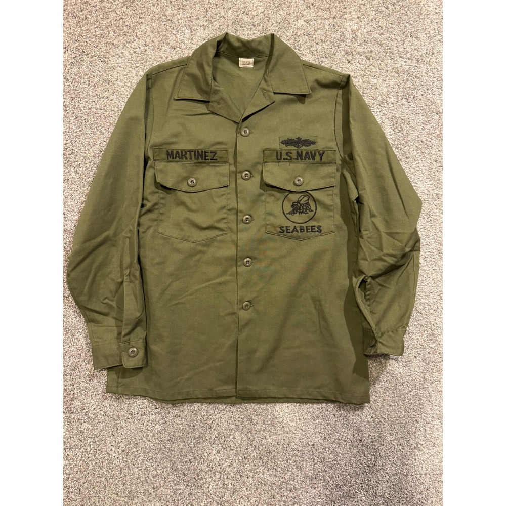 Vintage US Navy‎ SEABEES OG 507 Utility Shirt Olive Green Long Sleeve Vietnam